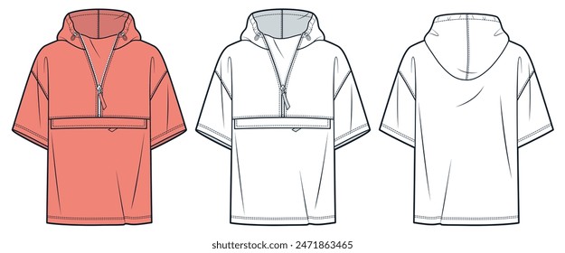 Hooded Tee Shirt fashion flat technical drawing template. Half Zip T-Shirt technical fashion Illustration, pocket, oversize, front, back view, white, peach colour, women, men, unisex CAD mockup set.