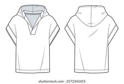 Hooded Tee Shirt technical fashion illustration. Sleeveless Sweatshirt fashion flat technical drawing template, v neck, front and back view, white, women, men, unisex CAD mockup.