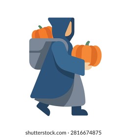 Hooded thief stealing pumpkins for Halloween vector illustration