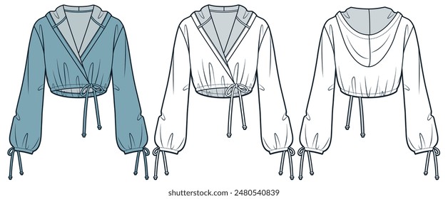 Hooded Top technical fashion illustration. Wrap Shirt fashion flat technical drawing template, drawstring, relaxed fit, front and back view, white, green blue, women, men, unisex Top CAD mockup set.