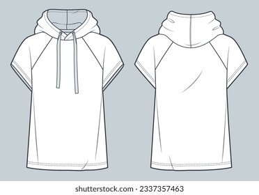 Hooded T-Shirt Mode flach technische Zeichnungsvorlage. Raglan Sleeve Tee Shirt technische Mode Illustration, Overfit, kurze Ärmel, Vorder- und Rückansicht, weiß, Frauen, Männer, unisex CAD Mock-up Set.