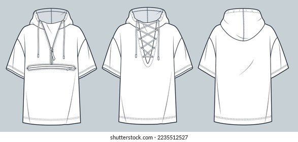 Hooded T-Shirt technical fashion illustration. Oversize Tee Shirt fashion flat technical drawing template, short sleeve, lace-up, zip-up, front and back view, white, women, men, unisex cad mockup set.