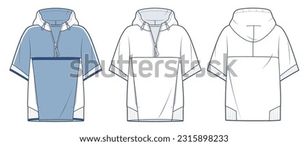 Hooded T-Shirt technical fashion illustration. Sweatshirt fashion flat technical drawing template, raglan short sleeve, pocket, zip-up, front, back view, white, blue, women, men, unisex CAD mockup set ストックフォト © 