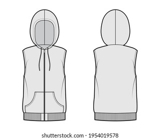 Hooded vest waistcoat technical fashion illustration with sleeveless, kangaroo pouch, zip-up closure, oversized body. Flat template front, back, grey color style. Women, men, unisex top CAD mockup