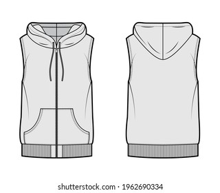 Hooded vest waistcoat technical fashion illustration with sleeveless, kangaroo pouch, zip-up closure, oversized body. Flat template front, back, grey color style. Women, men, unisex top CAD mockup