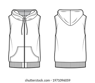 Hooded vest waistcoat technical fashion illustration with sleeveless, kangaroo pouch, zip-up closure, oversized body. Flat template front, back, white color style. Women, men, unisex top CAD mockup