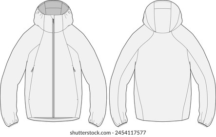 Hooded Windbreaker Jacket Fashion Flat Illustration Design Vector Template Editable Front and Back Active Performance Wear  