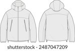 Hooded Windbreaker Rain Jacket Fashion Flat Illustration Design Vector Template Editable Front and Back Full Zip Technical Hard Shell Coat