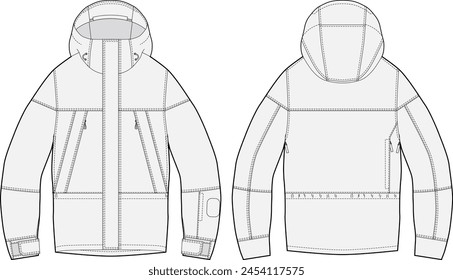 Chaqueta de lluvia con capucha Windbreaker Fashion Flat Illustration Design Plantilla de Vector editable delante y detrás 
 Desgaste técnico de la cáscara dura de la cremallera completa encapuchada  