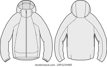 Kapuzen Windbreaker Softshell Jacke technische CAD Mode Illustration Full Zip Design Vorlage Vorderseite und Rückseite Ansichten