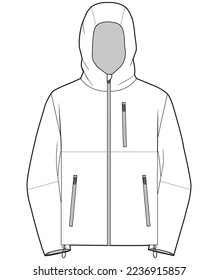 hooded windcheater jacket flat technical cad drawing vector template