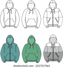 La chaqueta encapuchada de los hombres. Establecer. Ilustración vectorial.