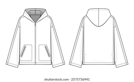 Hooded Zip-Up Jacket Technical Fashion Illustration. Casual Jacket with zippered angled pockets Vector Template. Relaxed Fit. Long Sleeves. unisex Outerwear. CAD Mockup set.