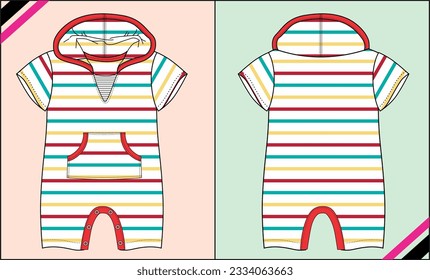 HOODIE BABY DUNGAREE SHORT SLEEVE KANGAROO POCKET SKETCH FASHION TEMPLATE TECHNICAL DRAWING ILLUSTRATION