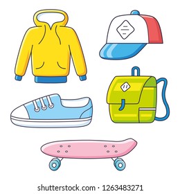 Hoodie, baseball cap, sneaker shoe, backpack and longboard or skateboard cruiser isolated. Skateboarding clothing set.