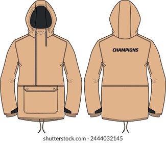 Hoodie board jacket design flat sketch Illustration, Hooded anorak ski jacket with front and back view, hooded winter jacket for Men and women. for training, skiing, Running and workout in winter