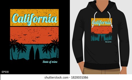  
hoodie with california beach, vintage colorful illustration