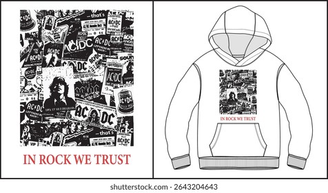 Hoodie design with a collage of black and white rock band posters and the text IN ROCK WE TRUST