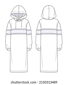 Hoodie Dress fashion flat sketch template with long sleeves, rib cuff oversized body, knee length skirt. Girl's Hooded Dress flat apparel front, back, white, grey color style. Women CAD mockup.