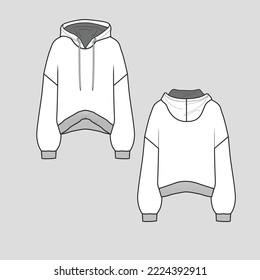 Hoodie Drop Shoulder Ribbed Sweatshirt drawstring Long Sleeve cuff rib high low hem autumn winter fashion  flat sketch template drawing