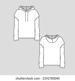 Hoodie Fake Layer Long Sleeve Drop Shoulder Drawstring cad mock up Diseño de moda dibujo técnico diseño de plantilla