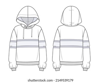 Hoodie fashion flat sketch template. Women Sweatshirt design fashion flat sketch template. Unisex oversized Hoodie front, back, white.