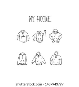 Hoodie fashion street wear outline drawing vector set illustration  Hoodies symbol collection and textual letters title decoration  Word   different clothes sketch hand drawn image  Simple hoodie 