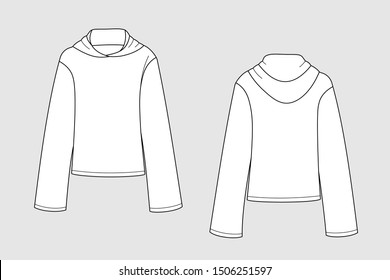 Hoodie female vector template isolated on a white background. Front and back view. Outline fashion technical sketch of clothes model.