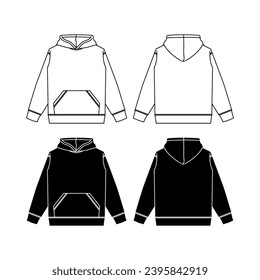 Hoodie, flat sketch, fashion design vector. White Background