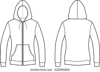 Hoodie flat sketch. Hooded zip up jacket apparel design. Front and back. Women CAD mockup. Fashion technical drawing template. Vector illustration.