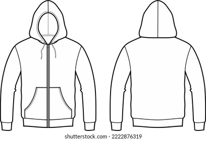 Hoodie flat sketch. Hooded zip up jacket apparel design. Front and back. Men CAD mockup. Fashion technical drawing template. Vector illustration.