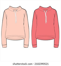 Hoodie flat sketch for kids. Hooded sweatshirt technical drawing. Hoodie sweatshirt design templates