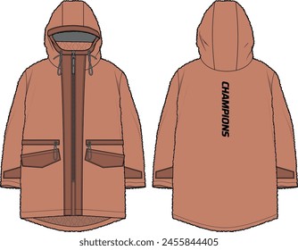 Hoodie fleece jacket design flat sketch Illustration, Hooded sweatshirt jacket with front and back view, hooded winter jacket for Men and women. for training, skiing, Running and workout in winter