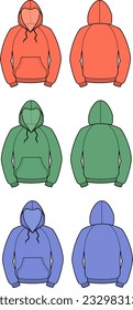 Hoodie with front pocket flat sketch. Smock apparel design. Front and back. Men CAD mockup. Fashion technical drawing template. Vector illustration.