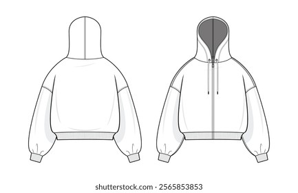 Hoodie with Front zipper technical fashion illustration. hoodie vector template illustration. front and back view. oversized. drop shoulder. unisex. white color. CAD mockup set.