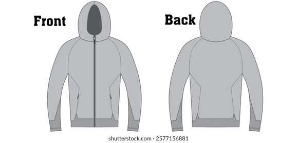 Hoodie with Front zipper technical fashion illustration. hoodie vector template illustration. front and back view. oversized. drop shoulder. unisex. gry color. CAD mockup set