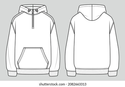 Hoodie and front zipper at the top  Unisex oversized sweatshirt  Vector technical sketch  Mockup template 