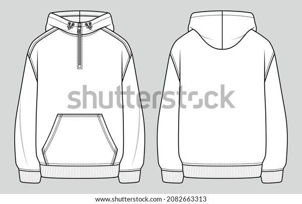 Hoodie with front\
zipper at the top. Unisex oversized sweatshirt. Vector technical\
sketch. Mockup\
template.