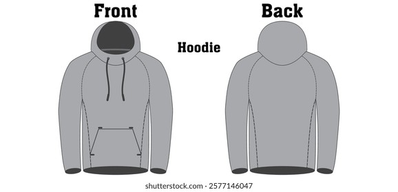 Hoodie with Full Sleeves technical fashion illustration. hoodie vector template illustration. front and back view. oversized. drop shoulder. unisex. white color. CAD mockup set