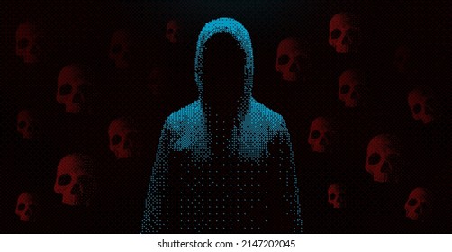 Hoodie Hacker Crime Banner. 8 bit Pixel Art Style Player is Dead Game Screen. Dark Faceless Reaper Hacker in the Hood. Flying Skulls Vector Illustration. Unknown Man Hacker.