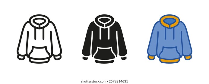 Hoodie icon. Sweatshirt with hood vector illustration. Sportswear sweater symbol. Casual style fashion clothes sign. Hoodie with hood silhouette isolated outline, black, line and colored concept.