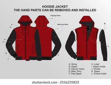 HOODIE JACKET, COMBINATION FABRIC, THE HAND PARTS CAN BE REMOVED AND INSTALLED, SILHOUETTE VECTOR