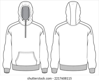 Hoodie jacket design flat sketch Illustration vector template, Hooded sweater jacket technical drawing with front and back view, Sport winter jacket for Men and women. for hiker and outerwear