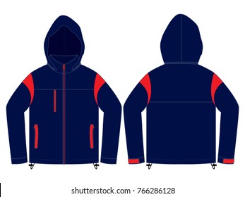 Hoodie jacket design navy/red colors vector.Front and back views.