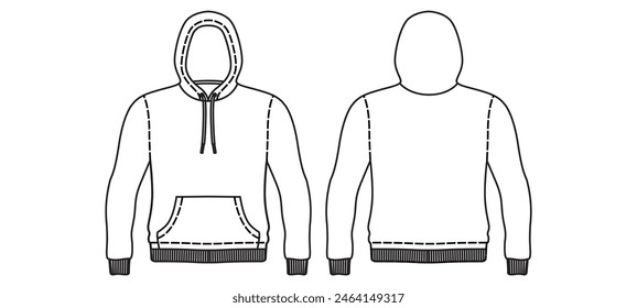 Hoodie jacket Long sleeve design flat sketch Illustration, Hooded sweater jacket with front and back view, winter jacket for Men and women. for hiker, outerwear and workout in winter