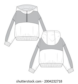 Hoodie Jacket Long sleeve overall technical fashion flat sketch template front and back view. Vector illustration Flat drawing Dress Design Mockup. Easy edit and customizable.