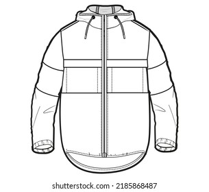 hoodie jacket mens, boys winter wear long sleeve hooded jacket flat sketch vector illustration cad mockup.