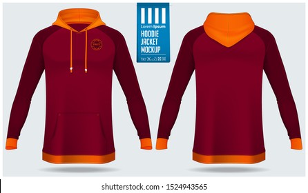 Hoodie jacket mockup template design for soccer, football, baseball, basketball, sports team or university. Front view and back view for jacket uniform. Vector Illustration.  