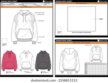 HOODIE KANGAROO POCKET EASY EDITABLE EMPTY TECHPACK MEASUREMENT LAYOUT TEMPLATE DESIGN