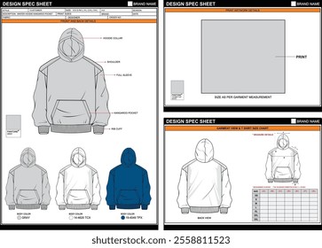 HOODIE KANGAROO POCKET EASY EDITABLE EMPTY TECH PACK MEASUREMENT LAYOUT TEMPLATE DESIGN